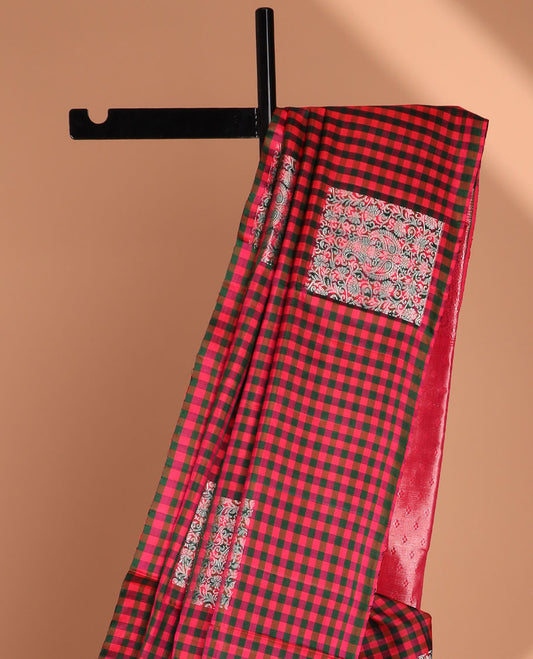 Borderless multi-color micro-checked design soft silk saree with buttas,  pallu of paisley & jaal designs