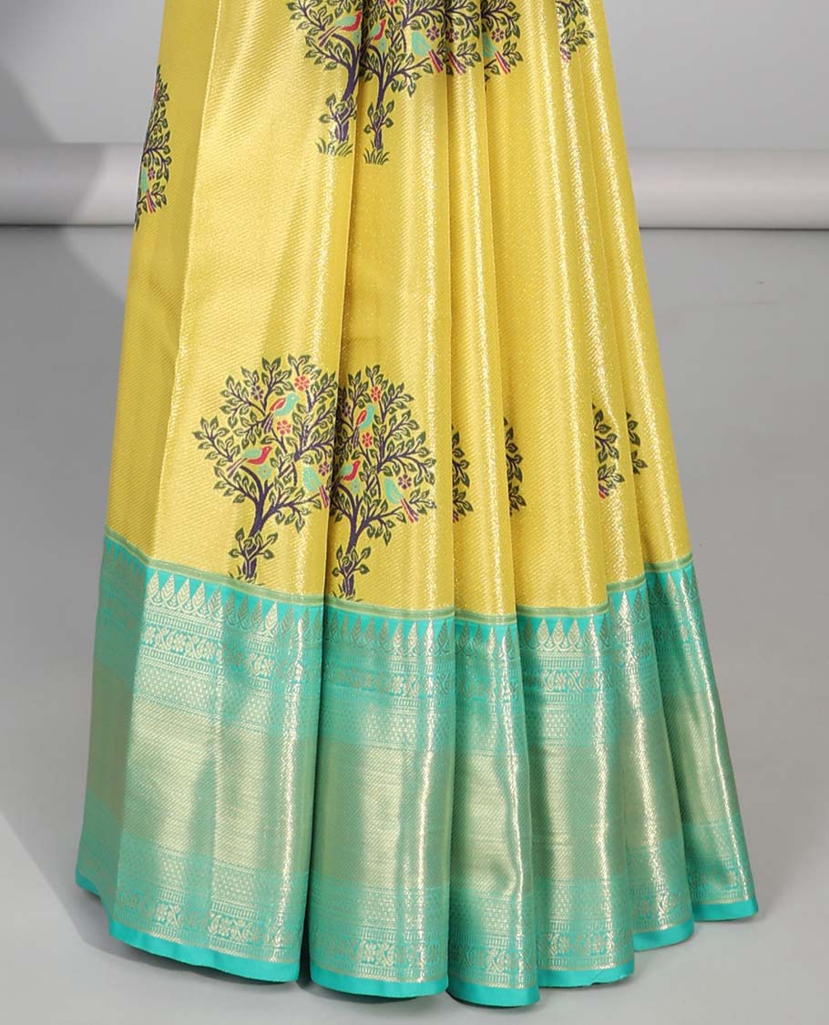 Yellow tree buttas budget silk saree with contrast intricate zari design border & floral zari design pallu