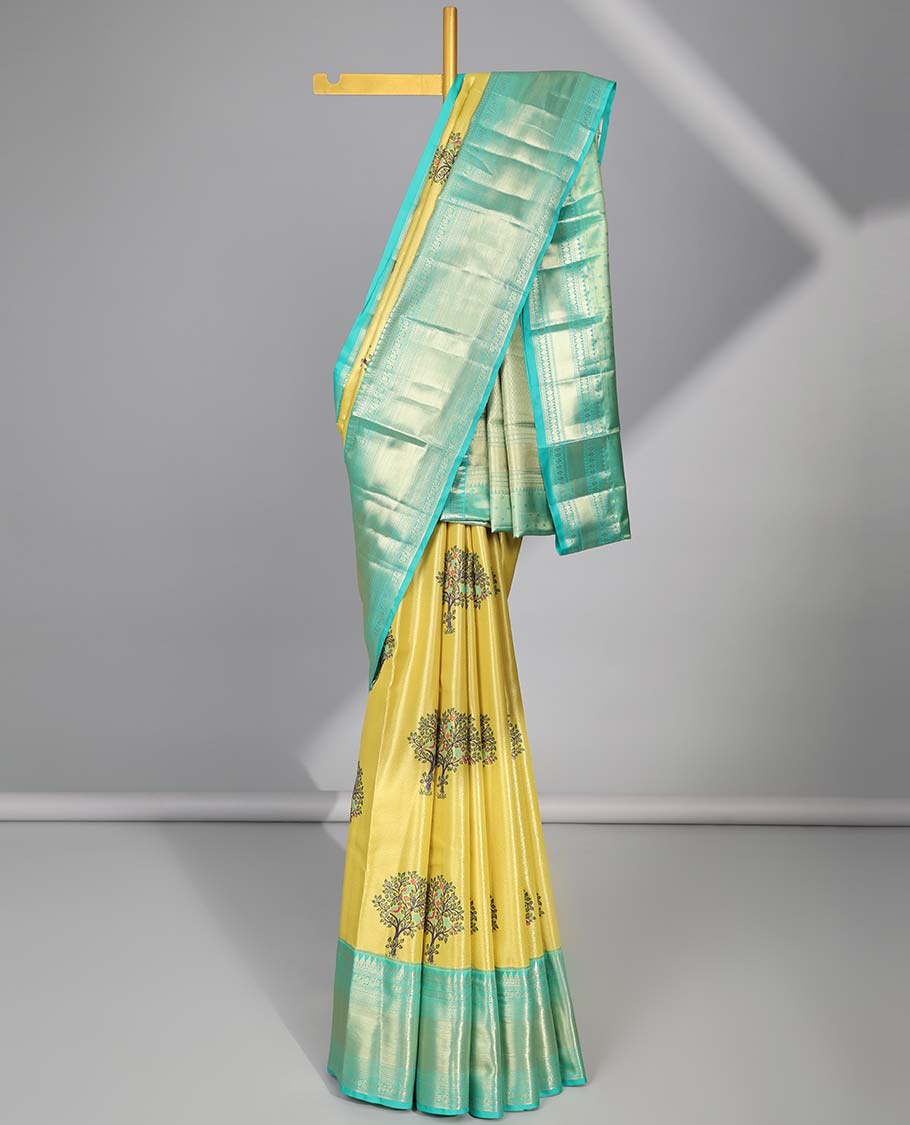Yellow tree buttas budget silk saree with contrast intricate zari design border & floral zari design pallu