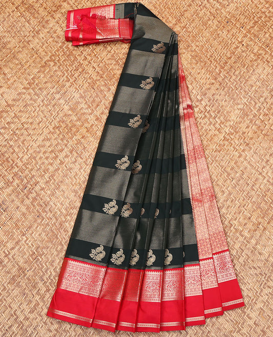 Green Budget Silk Saree, Decorated with Zari Buttas and Zari Stripes All Over Its Body, Complemented by a Contrast Traditional Zari Design Rettai Pettu Border, Grand Jaal Pallu, and Paired with a Contrast Blouse