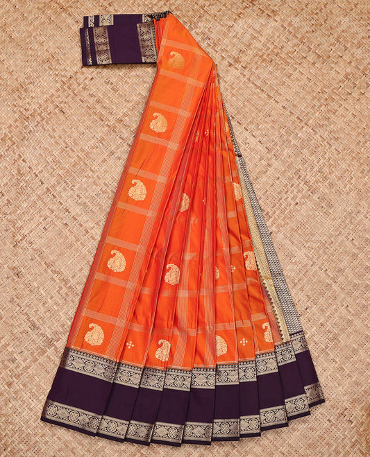 Orange Budget Silk Saree, Elevated with Zari Buttas and Checks, Complemented by a Contrast Traditional Rettai Pettu Border, Grand Pallu, and a Contrast Blouse