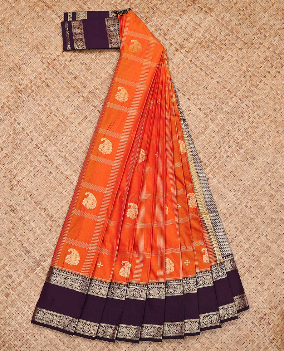 Orange Budget Silk Saree, Elevated with Zari Buttas and Checks, Complemented by a Contrast Traditional Rettai Pettu Border, Grand Pallu, and a Contrast Blouse