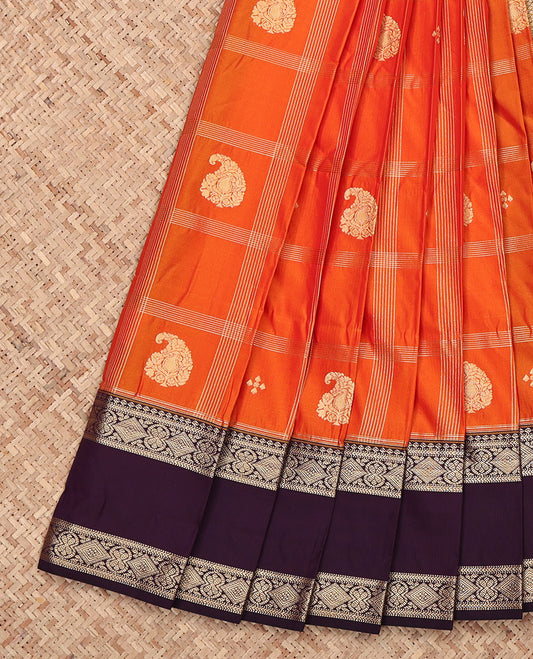 Orange Budget Silk Saree, Elevated with Zari Buttas and Checks, Complemented by a Contrast Traditional Rettai Pettu Border, Grand Pallu, and a Contrast Blouse
