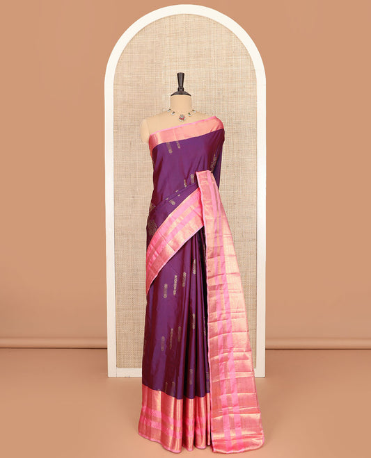 Purple zari buttas budget silk saree, contrast varisai pettu traditional zari border, and jaal pallu