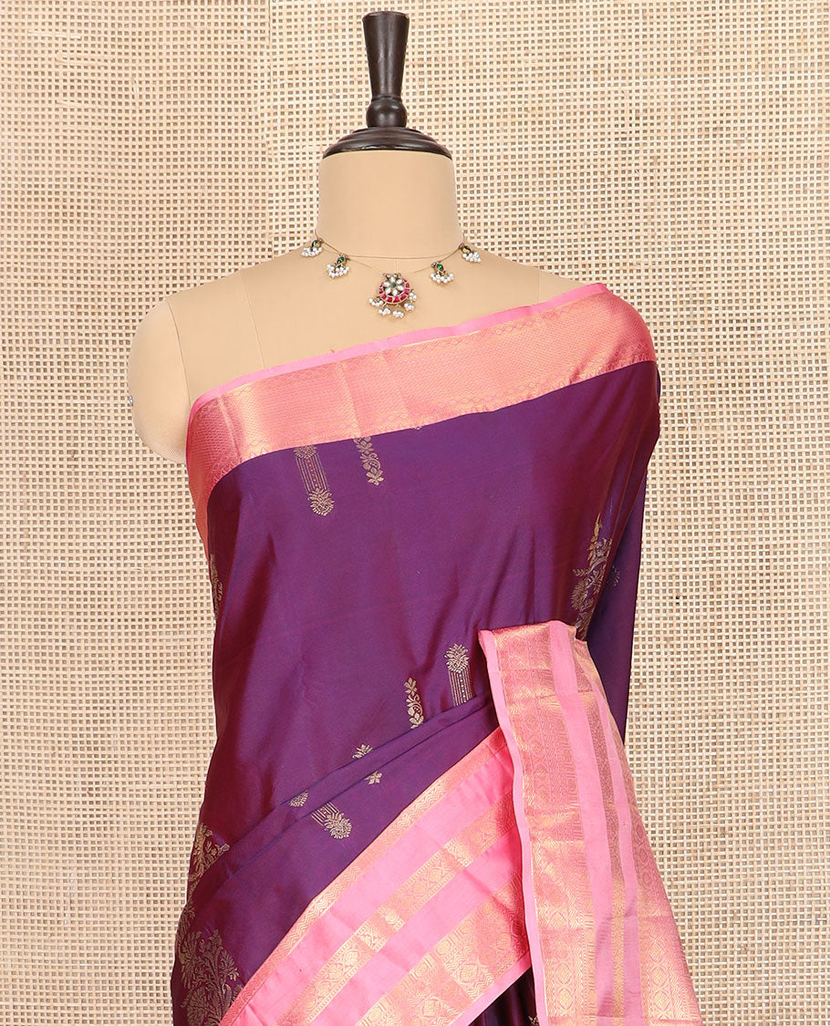 Purple zari buttas budget silk saree, contrast varisai pettu traditional zari border, and jaal pallu