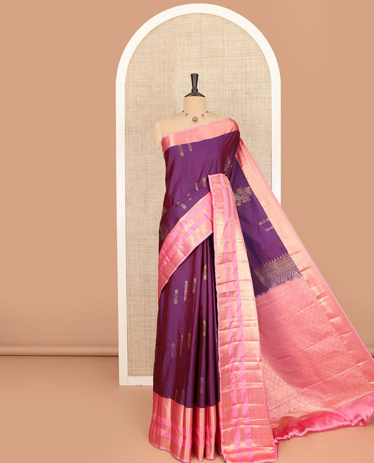 Purple zari buttas budget silk saree, contrast varisai pettu traditional zari border, and jaal pallu