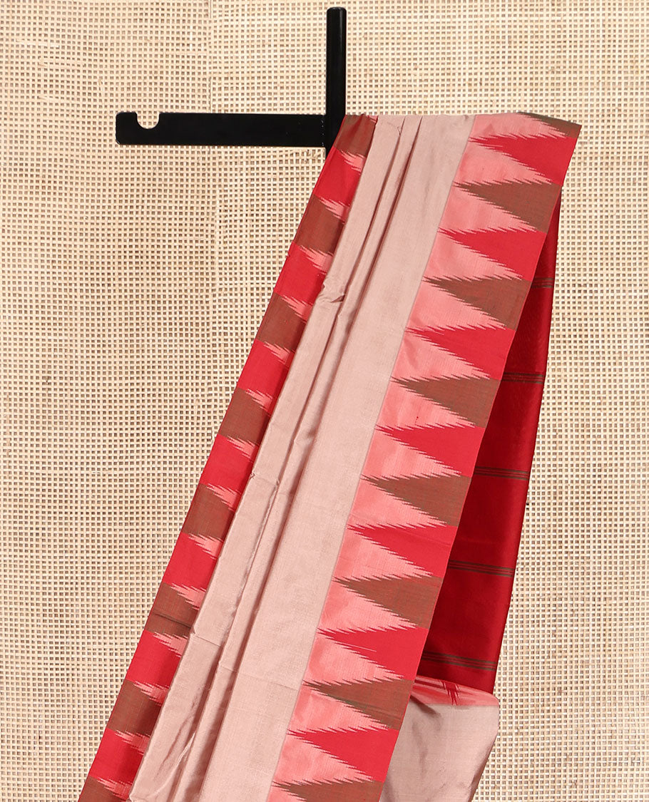 Pink Plain Bangalore Silk Saree, Complemented by a Contrast Temple Border, Pallu of Stripes, and a Contrast Blouse