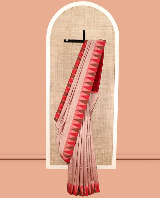 Pink Plain Bangalore Silk Saree, Complemented by a Contrast Temple Border, Pallu of Stripes, and a Contrast Blouse