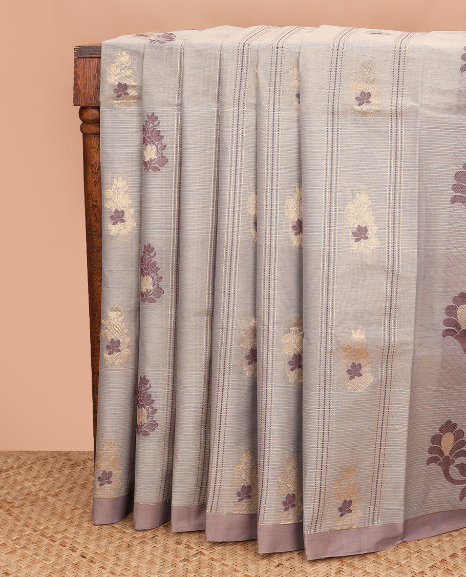 Beige striped and floral motifs woven coimbatore cotton saree, contrast plain border, and floral design pallu