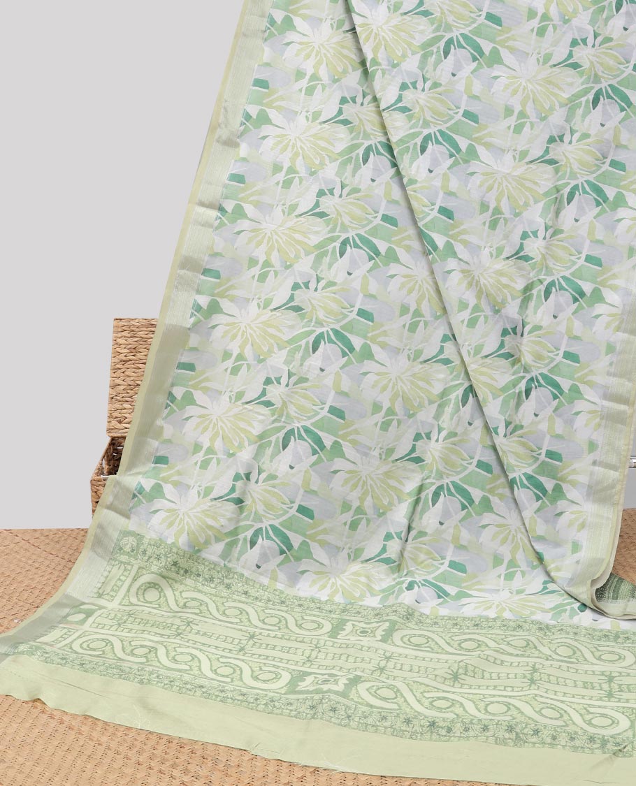 Green floral printed chanderi cotton saree with contrsat zari border & intricate design pallu