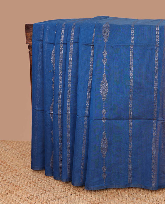 Borderless blue striped floral design semi silk saree with argyle design pallu