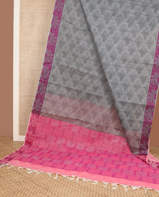 Grey floral design combatiore cotton saree, contrast floral border & round lotus motifs woven pallu
