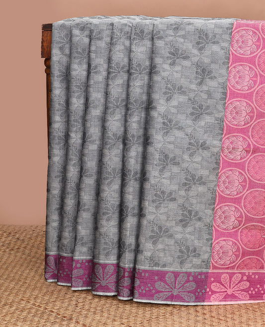 Grey floral design combatiore cotton saree, contrast floral border & round lotus motifs woven pallu