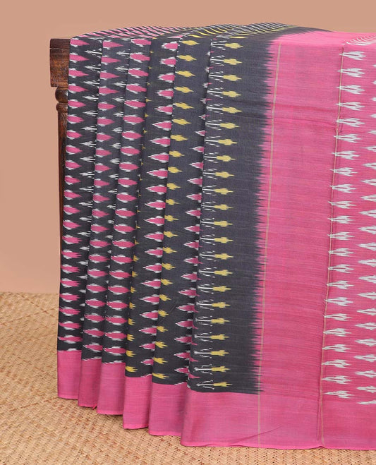 Black geometric design ikkat cotton saree with contrast border & argyle design pallu