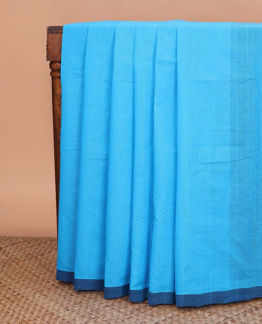 Blue plain Mangalagiri cotton saree, contrast plain border, striped pallu, and a striped blouse