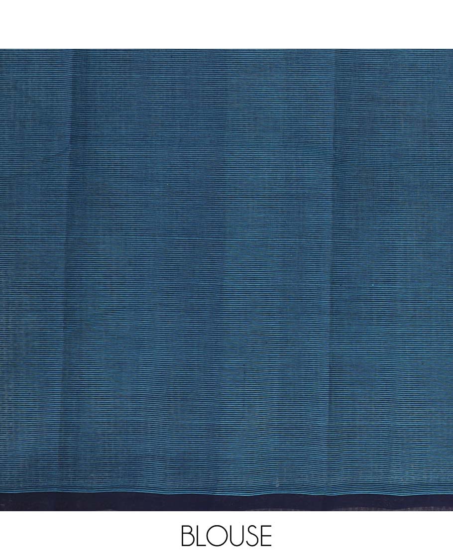 Blue plain Mangalagiri cotton saree, contrast plain border, striped pallu, and a striped blouse