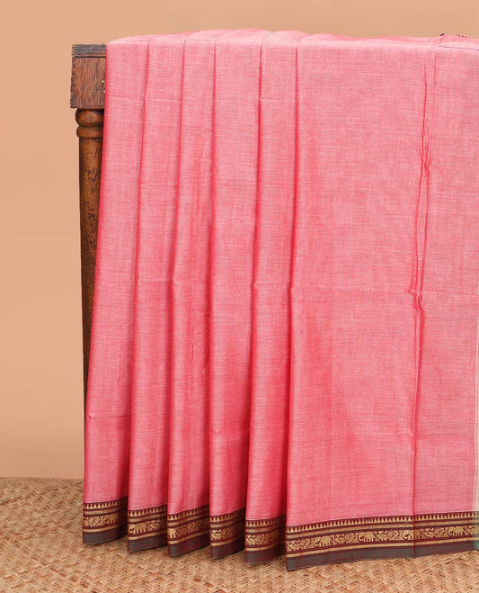 Pink plain Narayanpet cotton saree, contrast traditional border, and striped pallu
