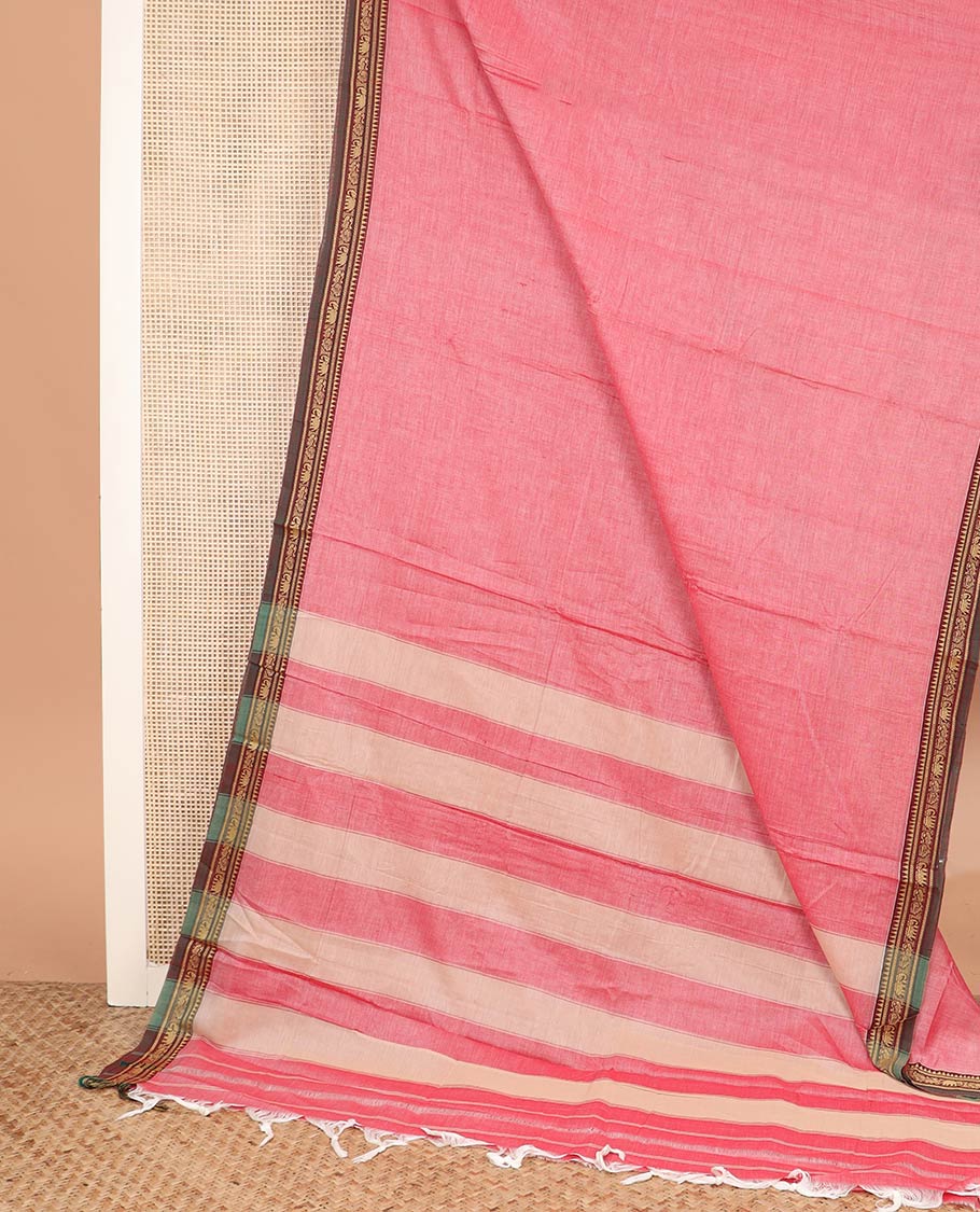 Pink plain Narayanpet cotton saree, contrast traditional border, and striped pallu