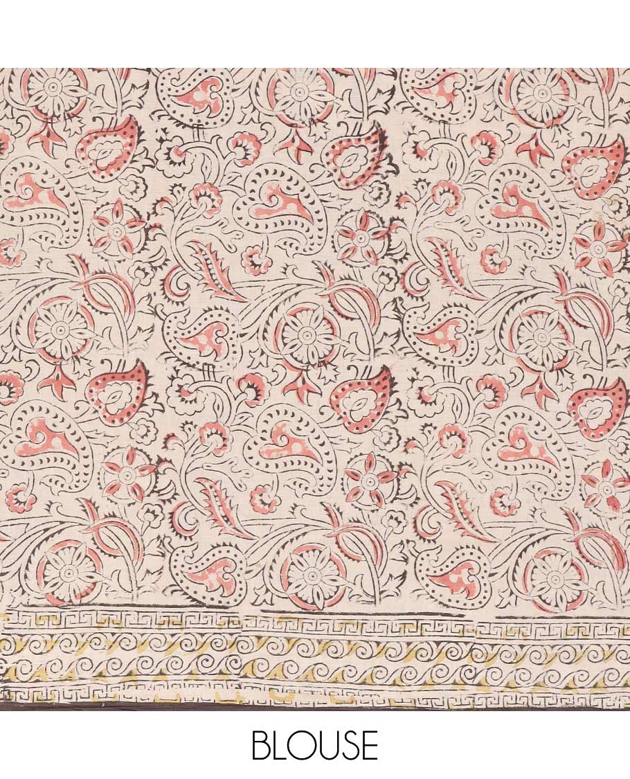 Pastel brown floral vine machine-printed Kalamkari cotton saree, geometric patterned border, and pallu of flora-geometric patterns