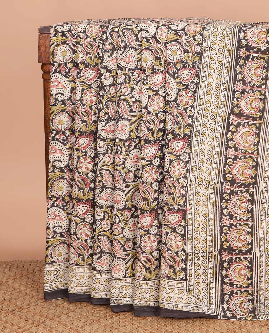 Pastel brown floral vine machine-printed Kalamkari cotton saree, geometric patterned border, and pallu of flora-geometric patterns
