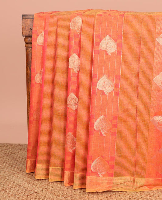 Orange Coimbatore Cotton Saree, Delicately Designed with Stripes, Checks, and Buttas All Over Its Body, Subtly Zari Border, Sparsely Woven Pallu of Floral-Leaf Designs, and Paired with a Matching Blouse