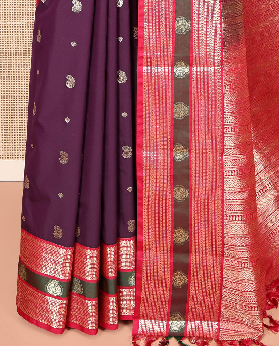 Wine Maroon and Dark Pink Budget Silk Saree, Accentuated with Manga and Diamond Buttas on Its Body, Complemented by Contrast Traditional Zari Design Border, Pallu Steeped with Traditional Designs, and Paired with a Contrast Blouse