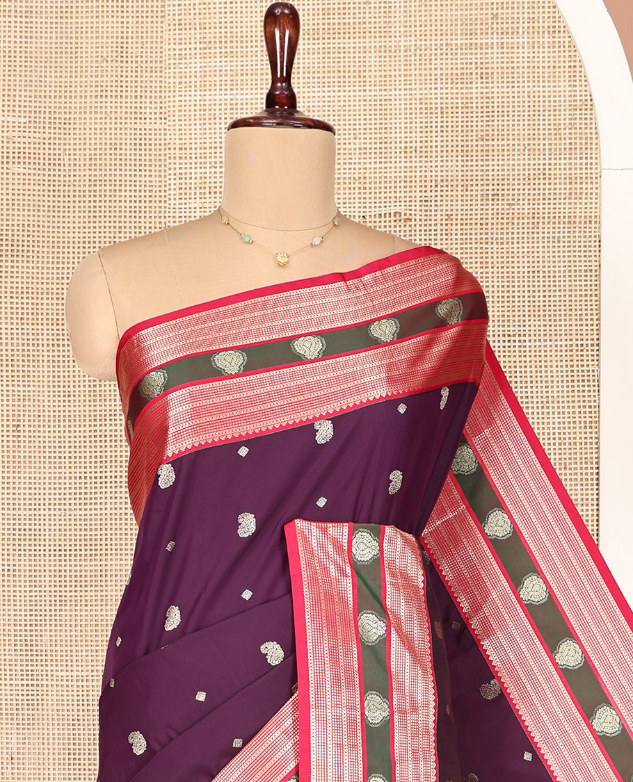 Wine Maroon and Dark Pink Budget Silk Saree, Accentuated with Manga and Diamond Buttas on Its Body, Complemented by Contrast Traditional Zari Design Border, Pallu Steeped with Traditional Designs, and Paired with a Contrast Blouse