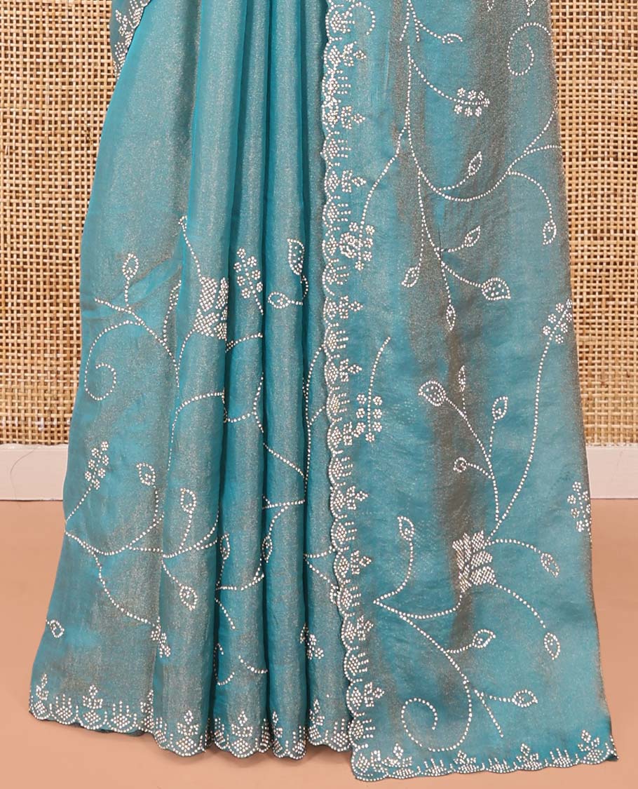 Blue Designer Saree, Prettified with Floral Vine Stone Embroidered All Over Its Body, and Paired with a Matching Blouse