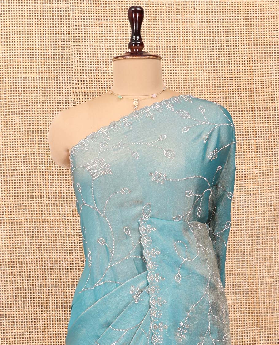 Blue Designer Saree, Prettified with Floral Vine Stone Embroidered All Over Its Body, and Paired with a Matching Blouse