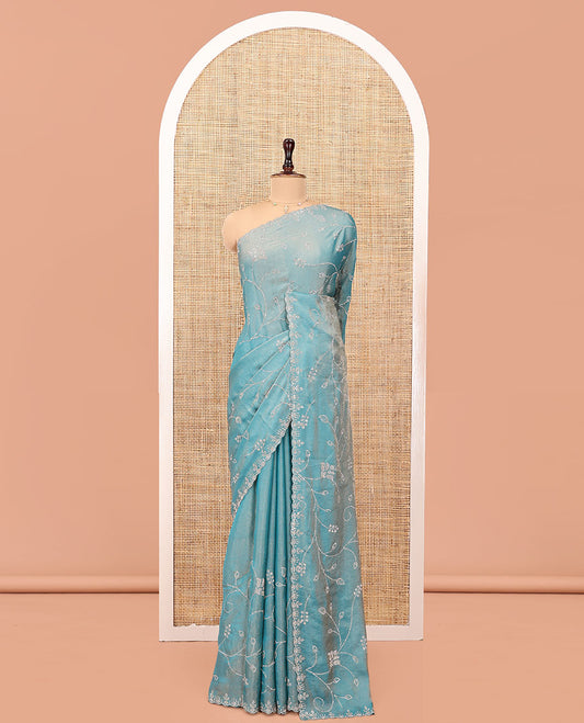 Blue Designer Saree, Prettified with Floral Vine Stone Embroidered All Over Its Body, and Paired with a Matching Blouse
