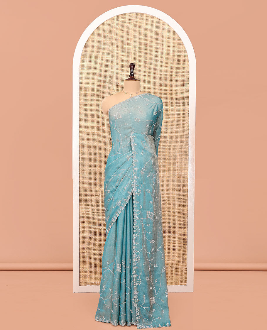 Blue Designer Saree, Prettified with Floral Vine Stone Embroidered All Over Its Body, and Paired with a Matching Blouse