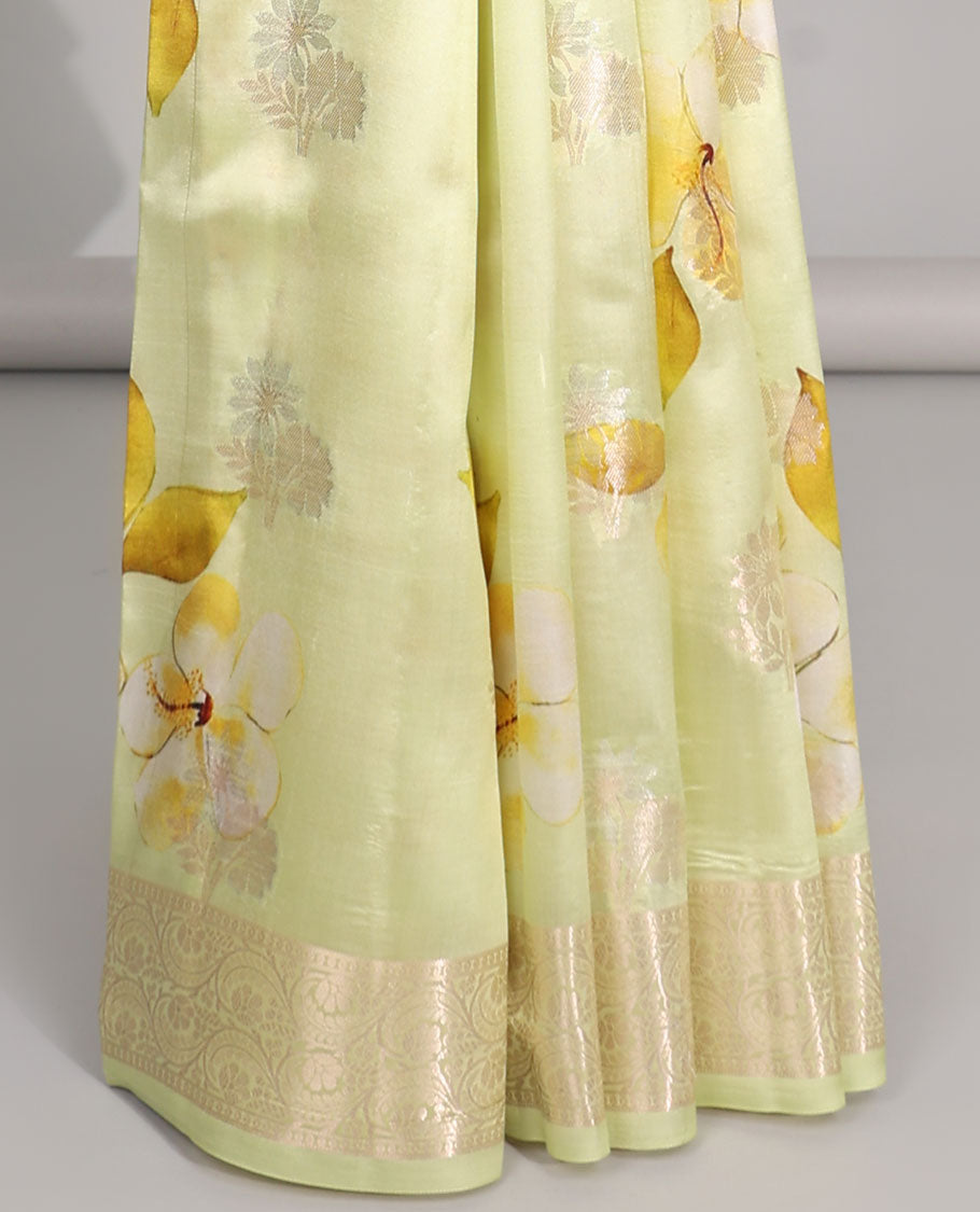 Yellow floral printed dupion silk saree with self floral zari design border & intricate zari design pallu