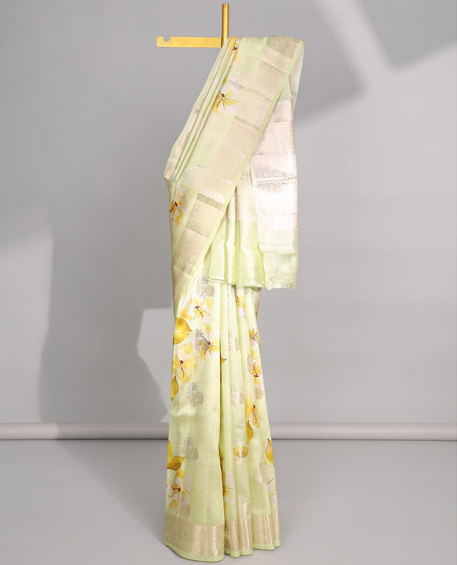 Yellow floral printed dupion silk saree with self floral zari design border & intricate zari design pallu