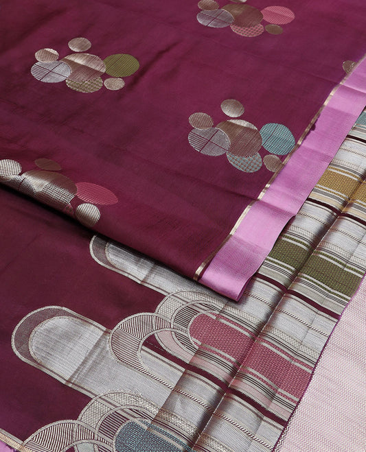 Maroon geometric design raw mango silk saree with contrast border