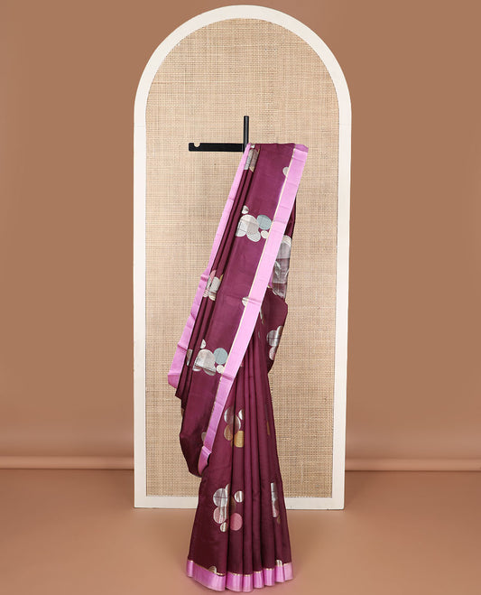 Maroon geometric design raw mango silk saree with contrast border