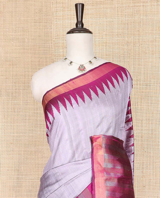 Grey Plain Dupion Silk Saree, Complemented by a Contrast Temple Zari Border, Gleaming Zari Pallu of Traditional Designs, and Paired with a Contrast Blouse