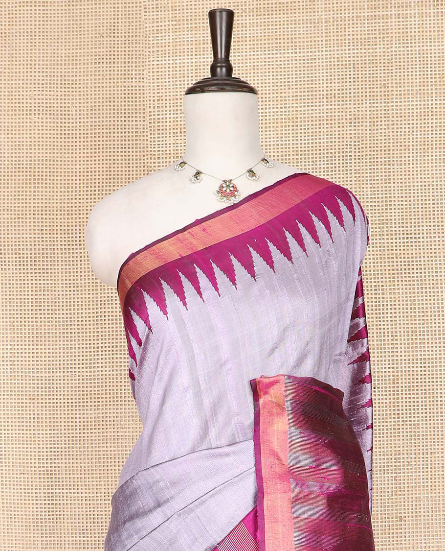 Grey Plain Dupion Silk Saree, Complemented by a Contrast Temple Zari Border, Gleaming Zari Pallu of Traditional Designs, and Paired with a Contrast Blouse