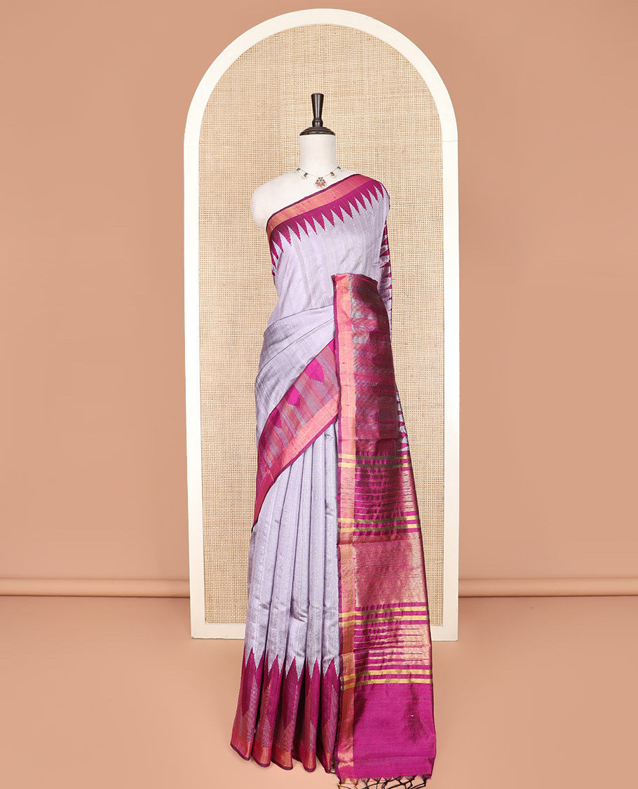 Grey Plain Dupion Silk Saree, Complemented by a Contrast Temple Zari Border, Gleaming Zari Pallu of Traditional Designs, and Paired with a Contrast Blouse