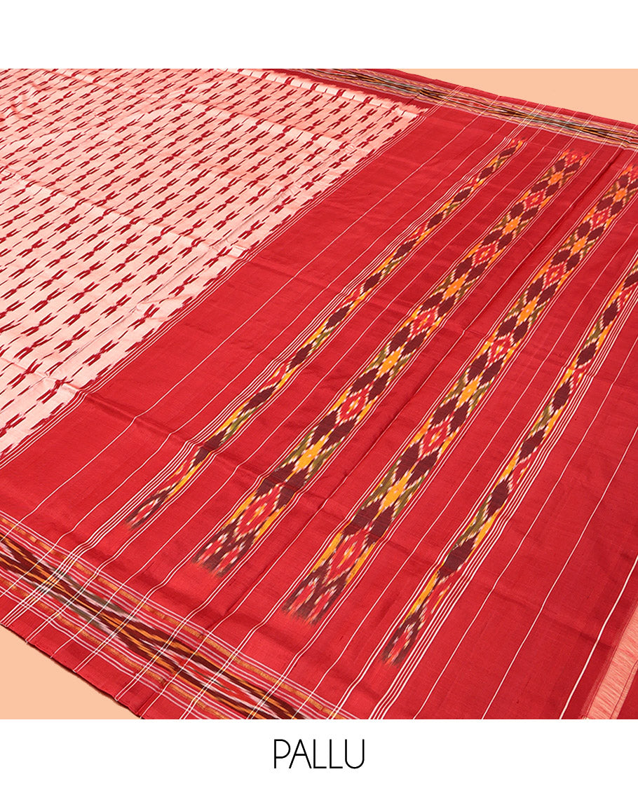 Peach Pochampally Ikat Silk Saree, Elevated with Cross-Shaped Buttas, Complemented by a Contrast Ikat Design Border, Ikat Pallu, and No Blouse