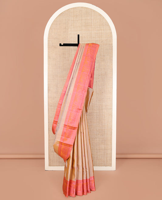 Sandal Kanchipuram Silk Saree, Accentuated with Mayil and Chakram Thread Buttas on Its Body, Complemented by a Contrast Border of Mayil Kann, Banaras, Muthu, and Wedding-Themed Designs, Pallu of Jaal Designs, and Paired with a Contrast Blouse