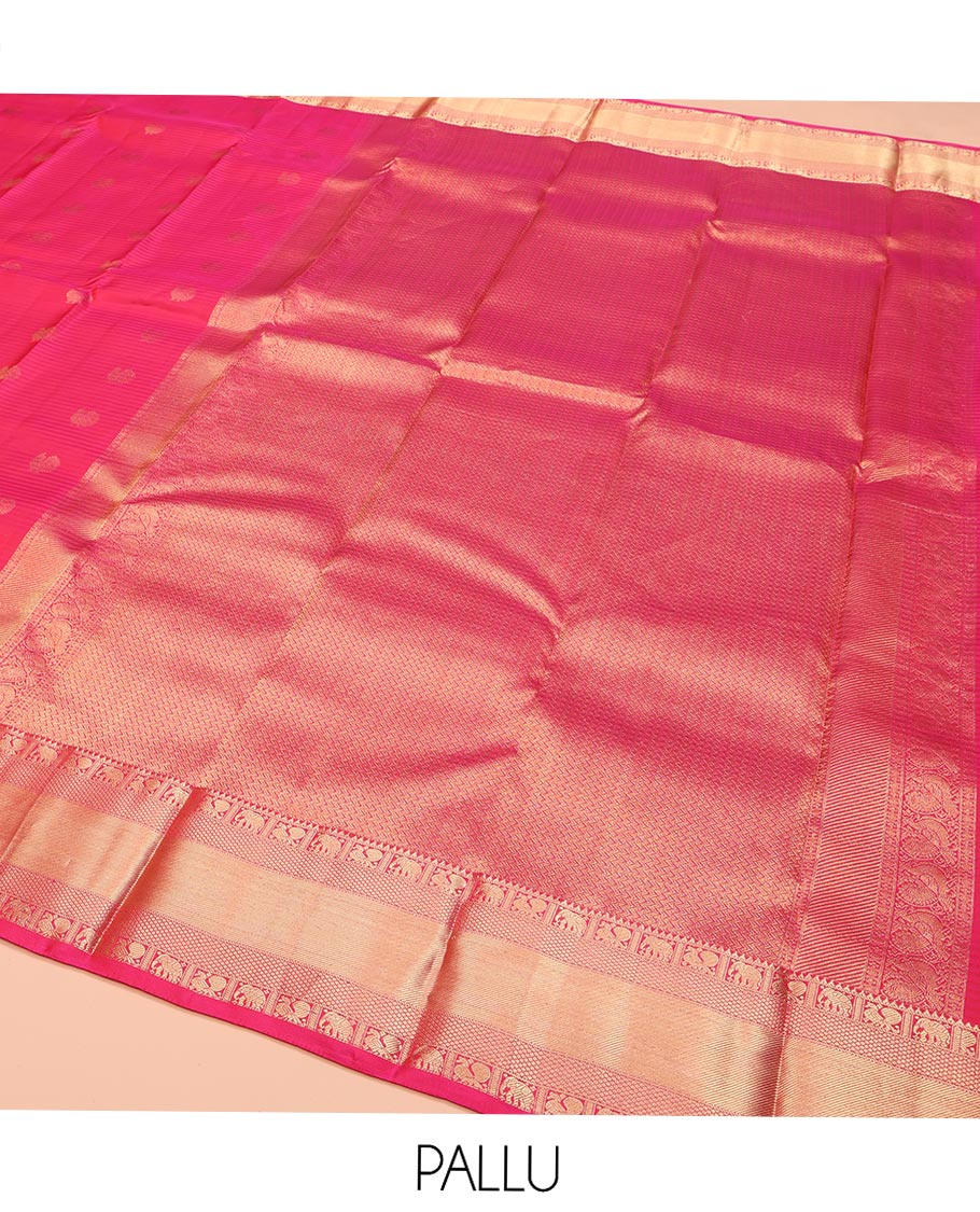 Pink Kanchipuram Silk Saree, Adorned with Mayil Buttas on Its Body, Highlighted by a Zari Border of Rekku, Mayil, Yaanai, and Mayil Kann Designs, Grand Pallu of Chevron Designs, and Paired with a Matching Blouse