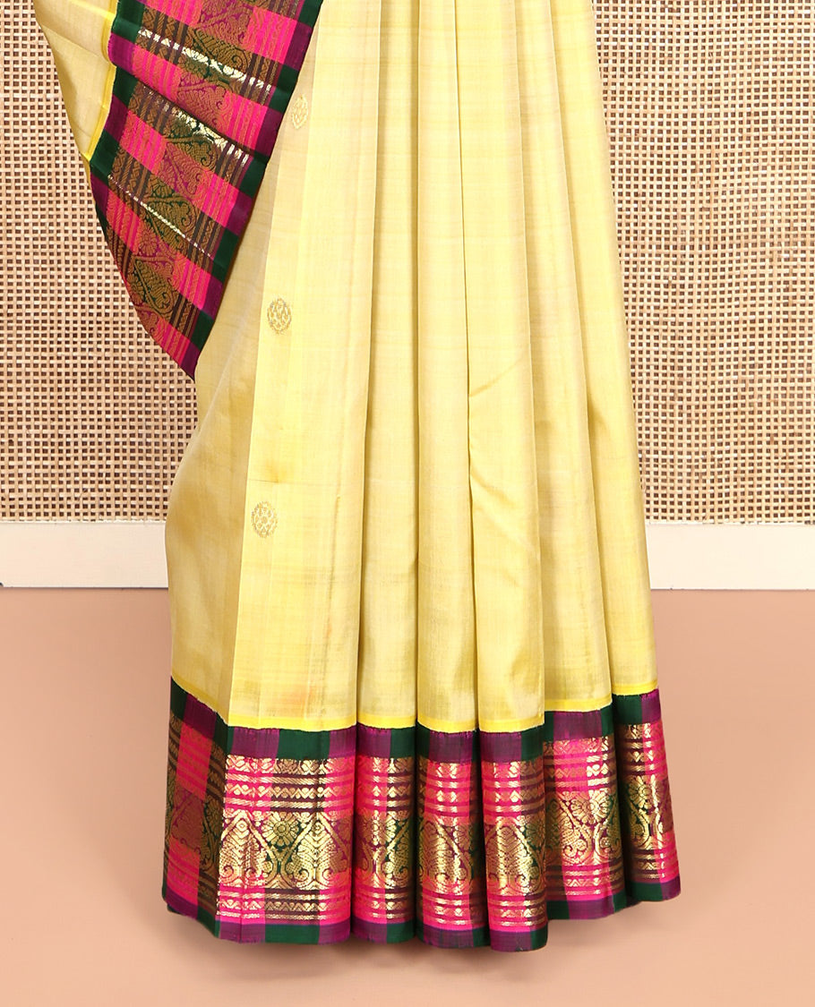 Yellow Kanchipuram Silk Saree, Subtly Sparkled with Zari Buttas, a Contrast One-Sided Korvai Checked Border of Neli, Banaras, and Jada Nagam Designs, Zari Design Pallu, and No Blouse