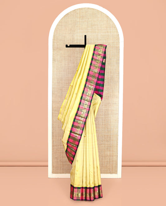 Yellow Kanchipuram Silk Saree, Subtly Sparkled with Zari Buttas, a Contrast One-Sided Korvai Checked Border of Neli, Banaras, and Jada Nagam Designs, Zari Design Pallu, and No Blouse