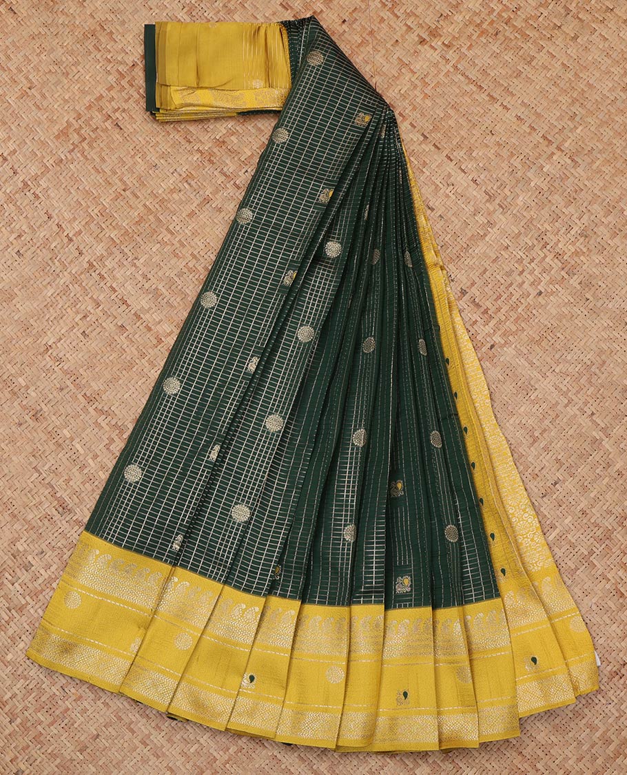 Green Litchi Saree, Gleamed Up with Peacock-Chakram Buttas and Checks, a Contrast Traditional Zari Border, Finely Crafted Pallu, and a Contrast Blouse