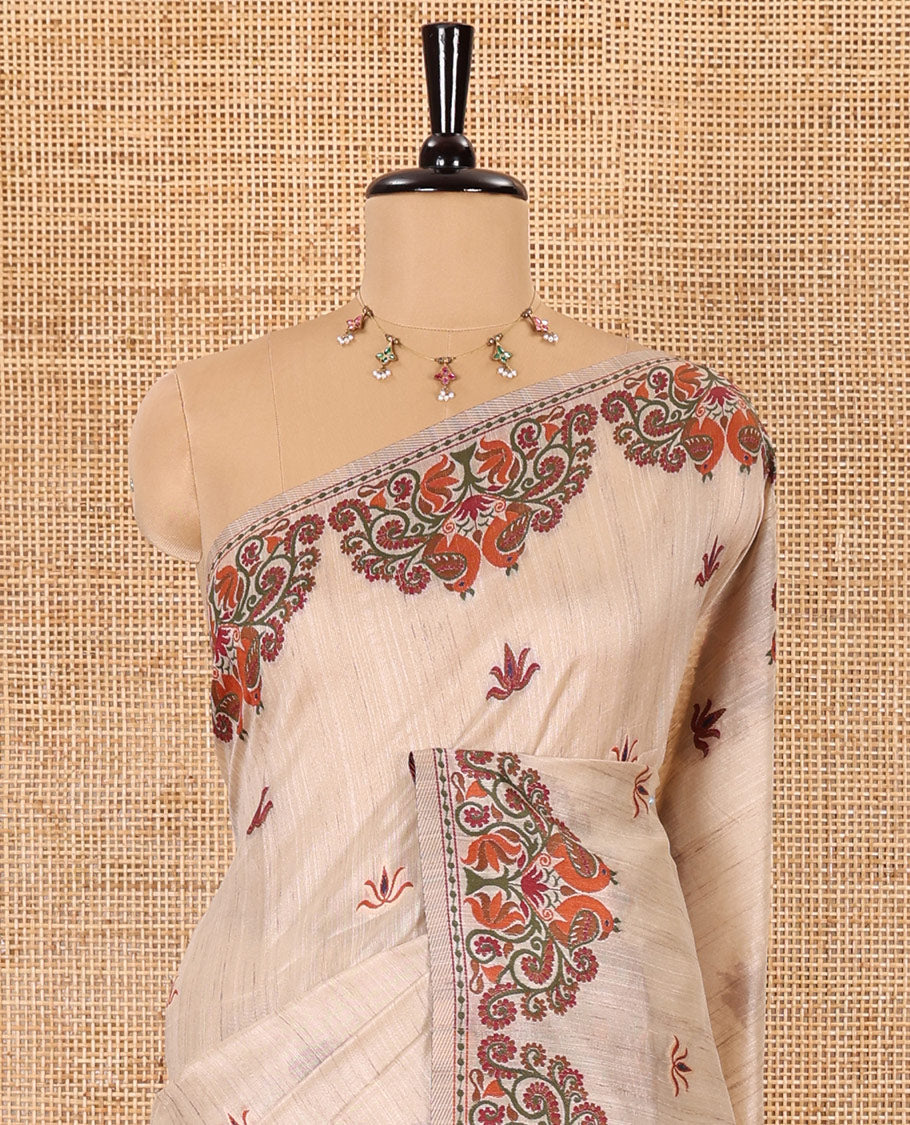 Cream lotus motifs thread woven jute cotton, scallop thread woven border, pallu of lotus, peacock and paisley designs along with a plain blouse