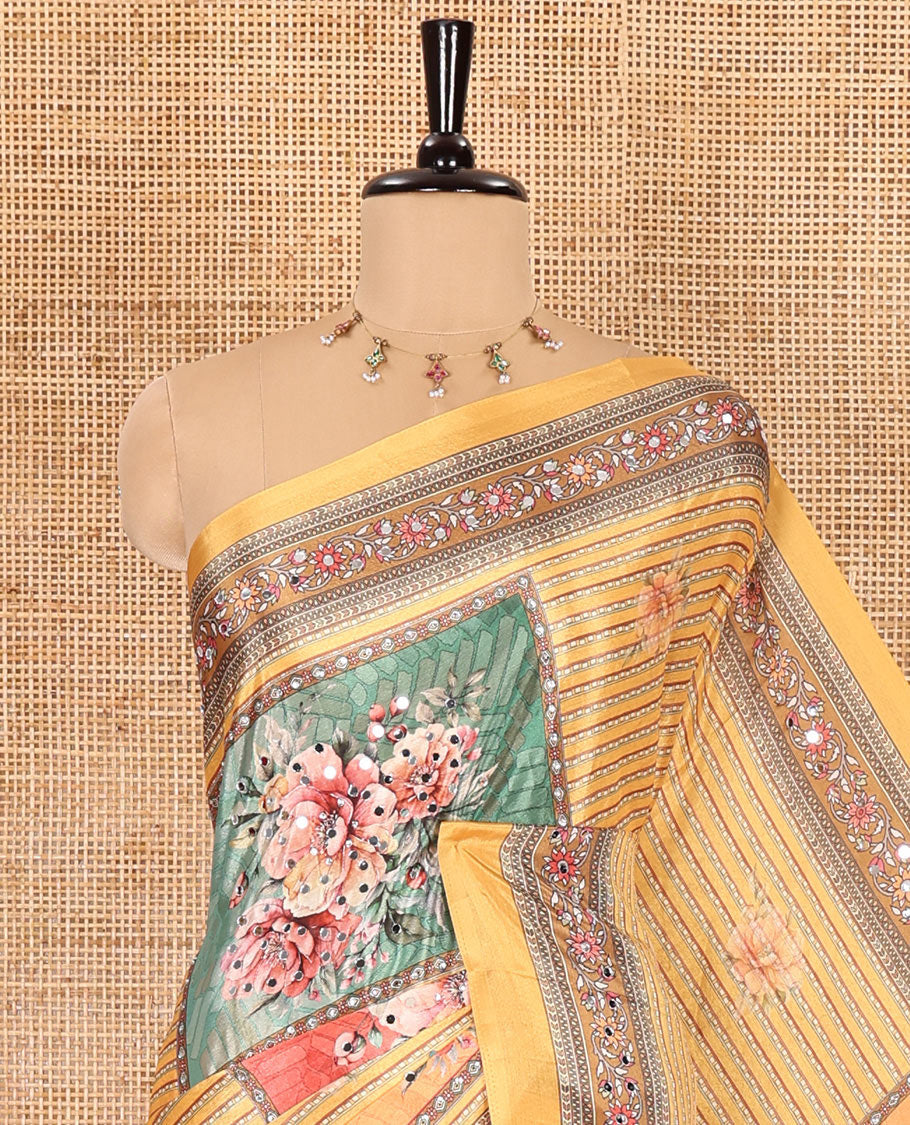 Yellow floral-printed and mirror-work masakali saree, printed with mirror-work border, an intricately decked-up Mughal-style pallu, and a matching blouse