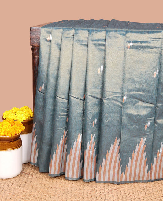 Olive green small leaf design, copper zari tissue silk saree with temple border & rich pallu along with butta design blouse
