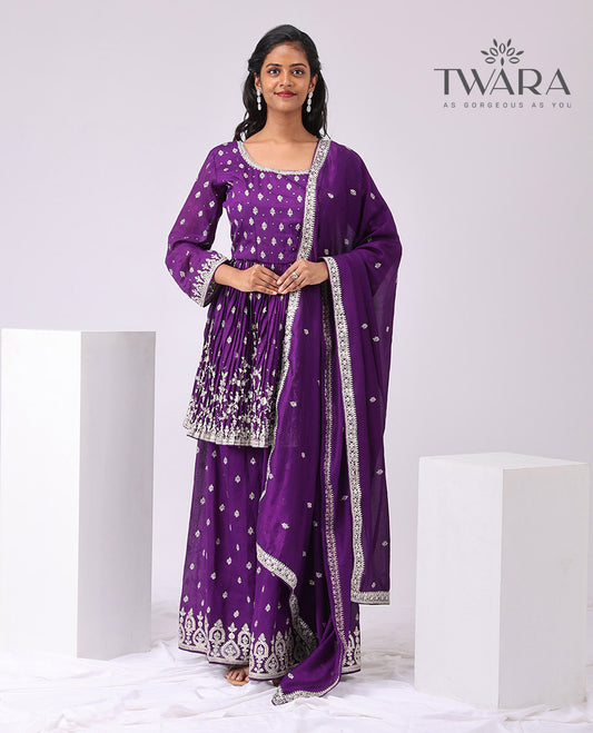 Twara purple floral embroidered round neck, 3/4 th sleeve with sharara pants & floral embroidered dupatta