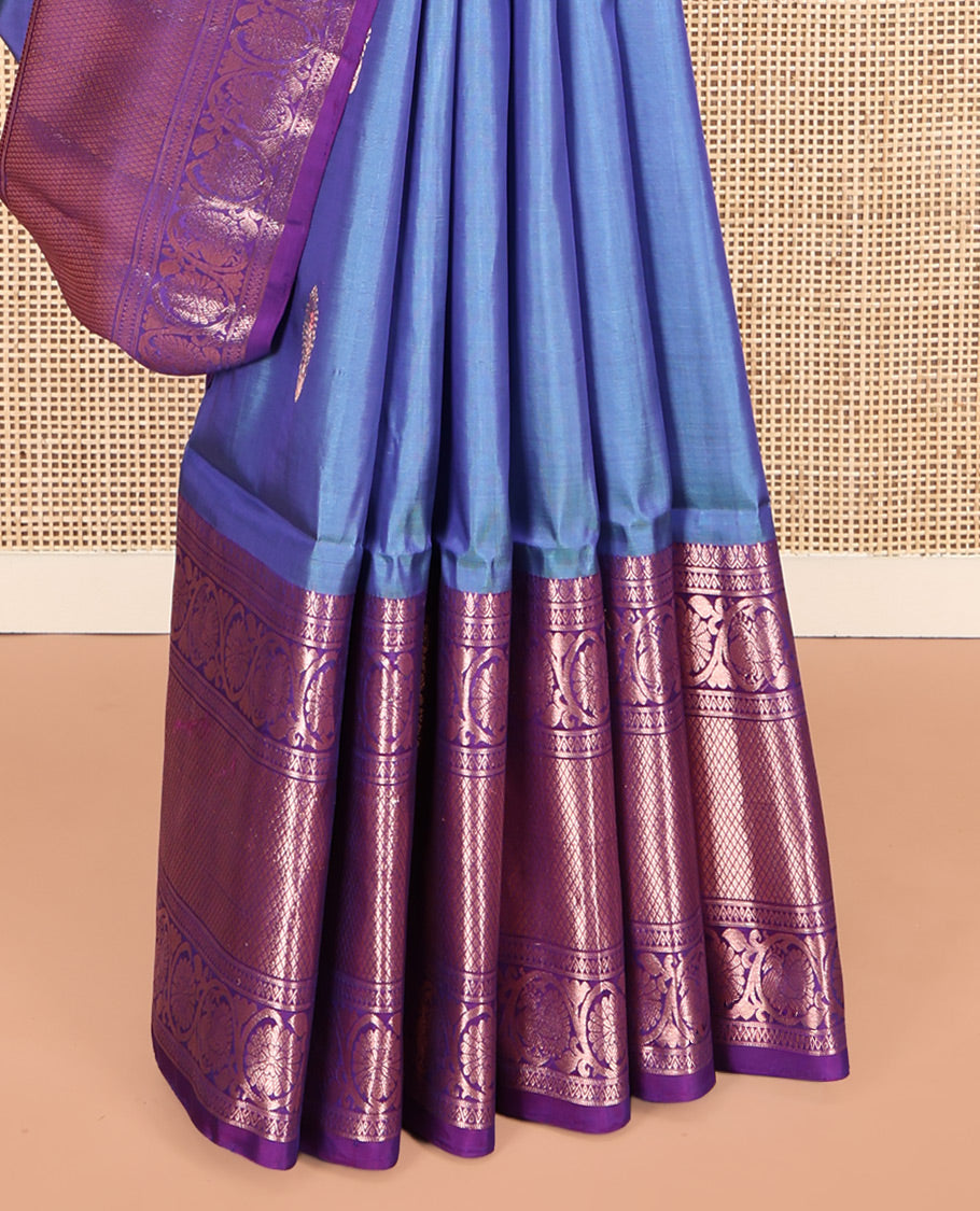 Blue Uppada Silk Saree, Enthralled with Zari Buttas, Complemented by a Contrast Floral Creeper Zari Border, Grand Pallu, and a Contrast Blouse