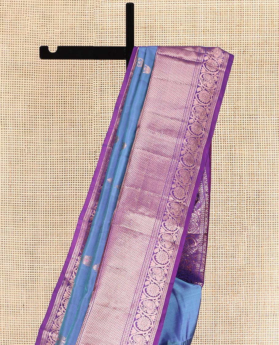 Blue Uppada Silk Saree, Enthralled with Zari Buttas, Complemented by a Contrast Floral Creeper Zari Border, Grand Pallu, and a Contrast Blouse